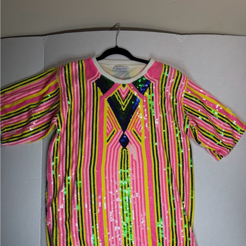 Fancy Dream Colorful Sequin Striped Top Pink Yellow & Green Disco Vibes